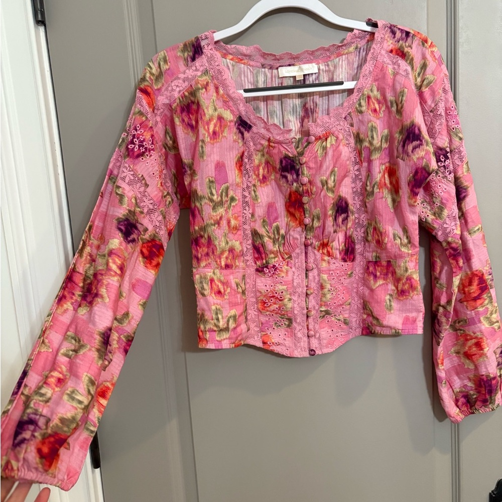 LoveShackFancy Pink and Purple Lace Trim Blouse